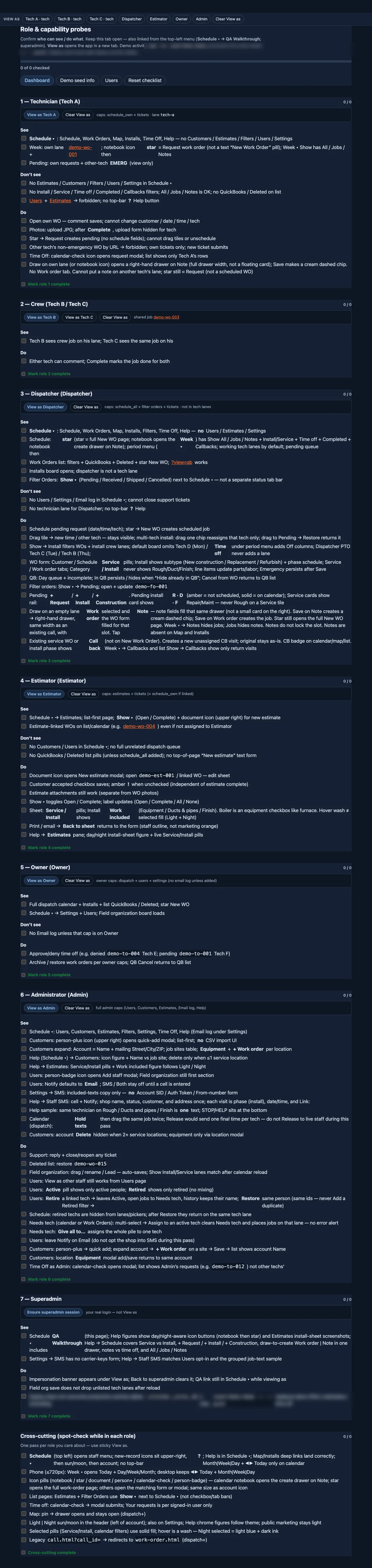 Crewlanes QA walkthrough: sign in as each role to test the app